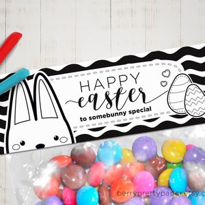 Easter printable bag topper, Easter diy coloring treat bag toppers, Easter bunny party favor, Happy easter tag, Easter crafts classroom image 1