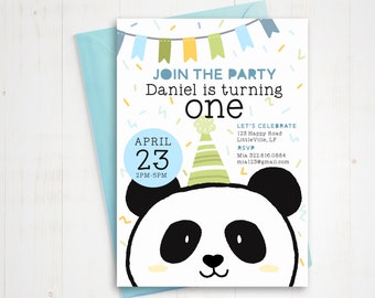 May include: A panda bear wearing a green and yellow party hat with confetti and blue and green bunting. The text on the invitation reads "Join the party Daniel is turning one April 23 2PM-5PM Let's celebrate 123 Happy Road Little Ville, LF RSVP Mia 322.816.0884 mia123@gmail.com"
