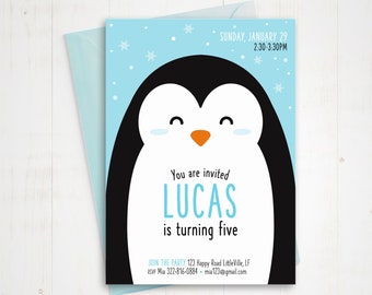 May include: A blue and white penguin birthday invitation with the text "SUNDAY, JANUARY 29 2:30-3:30PM You are invited LUCAS is turning five JOIN THE PARTY 123 Happy Road Little Ville, LF RSVP Mia 322-816-0884 mia123@gmail.com berryprettypaper.etsy.com"