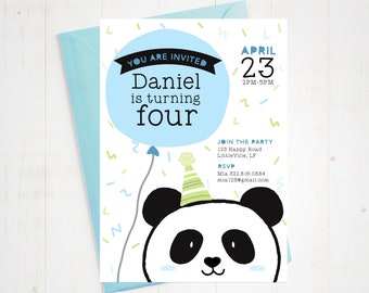 May include: A blue and white birthday invitation with a panda bear wearing a party hat. The invitation says "You are invited Daniel is turning four" and "April 23, 2PM-5PM".