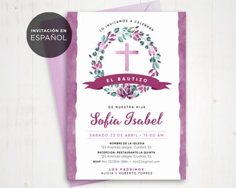 May include: A purple and white baptism invitation with a watercolor wreath of flowers and a cross. The text reads "Lo Invitamos a Celebrar El Bautizo de Nuestra Hija Sofia Isabel Sabado 23 de Abril 11:00 AM Nombre de la Iglesia 123 Avenida alegre Cuidad, ES Recepcion: Restaurante La Quinta 123 Avenida alegre Cuidad, ES RSVP Mio (3221816-0884 mia123@gmail.com Los Padrinos Alicia y Roberto Torres"
