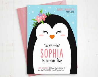 May include: A blue and white penguin birthday invitation with a pink flower crown. The invitation says "You are invited Sophia is turning five" and includes the date, time, and RSVP information.