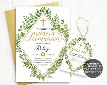 May include: A white invitation with gold accents and green watercolor leaves. The invitation is for a first communion celebration for Rodrigo. The text reads "Los invitamos a celebrar la primera comunion de nuestro hijo Rodrigo Mayo 11 11:00 AM Lugar de la ceremonia 123 Avenida Alegre, Cuidad ES Lugar de la recepcion 123 Avenida Alegre, Cuidad ES". A smaller white tag with gold accents and green watercolor leaves reads "gracias por asistir a la primera comunion Rodrigo". The tag also says "Tambien disponible tarjeta de recuerdo" and "berryprettypaper.etsy.com".