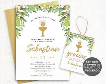 May include: A white invitation with gold text and green watercolor leaves. The invitation is for a First Communion celebration for Sebastian. The date is May 23, 2019. The invitation includes the time and location for the ceremony and reception. There is also a matching thank you tag with the same design.