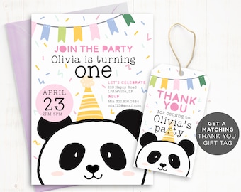 Panda first birthday party invitation, Panda birthday party invitation one year old girl, 1st birthday panda party invitation for girl