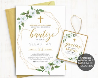 May include: A white and gold baptism invitation with a geometric frame and floral accents. The invitation reads "bautizo de su hijo Sebastian" and includes the date and time of the event. A matching thank you tag is also included.