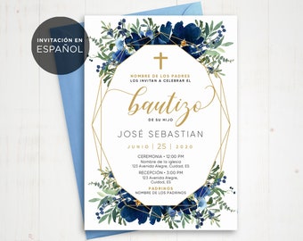 May include: A blue and gold geometric frame with floral accents surrounds a baptism invitation in Spanish. The invitation includes the name José Sebastian, the date June 25, 2020, and the times for the ceremony and reception.