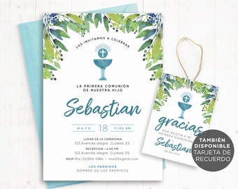 May include: A watercolor invitation with a leafy border and a chalice with a cross on top. The invitation is for a First Communion celebration for Sebastian. The text reads "Los Invitamos a Celebrar La Primera Comunión de Nuestra Hijo Sebastian Mayo 18 11:00 AM Lugar de la Ceremonia 123 Avenida alegre Cuidad, ES Recepción 4:00 PM 123 Avenida alegre Cuidad, ES RSVP Mio (322)816-0884 mia123@gmail.com Los Padrinos Nombre de los Padrinos". A matching thank you tag is also included with the text "Gracias Por Asistir a Mi Primera Comunión Sebastian 28.06.2018". The tag also includes the text "También Disponible Tarjeta de Recuerdo".