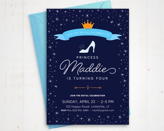 May include: A blue and gold printable invitation for a princess-themed birthday party. The invitation features a blue glass slipper, a gold crown, and the text "Join the Royal Celebration" and "Princess Maddie is turning four".
