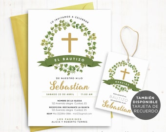 May include: White invitation and thank you card set for a baptism. The invitation features a gold cross, green foliage, and the text "El Bautizo" and "Sebastian". The thank you card has similar design elements.