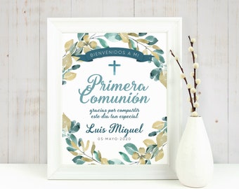 May include: A white framed printable sign with a watercolor floral wreath in shades of teal and yellow. The sign says "Bienvenidos a mi Primera Comunión" with a cross and the date "05 Mayo 2020".