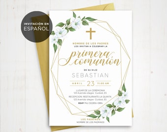 May include: A white card with a gold geometric frame and floral accents. The text reads "Invitacion en Espanol" and "Primera Comunión" with the name Sebastian and the date April 23.