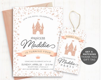 May include: A pink and white princess-themed birthday party invitation with a glitter castle design. The invitation says "Join the Royal Celebration" and "Princess Maddie is turning four". It also includes a matching thank you gift tag with the same design.