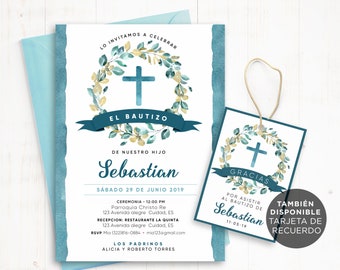 May include: A blue and gold baptism invitation with a watercolor wreath and cross. The invitation is for Sebastian's baptism on June 29, 2019. It includes the ceremony and reception details, as well as the names of the godparents. A matching thank you tag is also included.