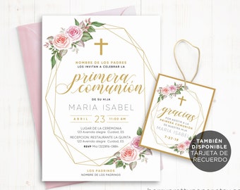 May include: A gold geometric frame with pink floral accents surrounds the text "Primera Comunión" for a girl's first communion invitation. The invitation includes the girl's name, date, and time of the event. A matching "Gracias" tag with floral accents is also included.