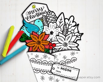 Printable Christmas papercraft, Christmas bouquet for Mom, Fun activity coloring flowers craft, Christmas coloring card classroom for mom