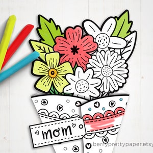 Carte imprimable à colorier pour la fête des mères Carte bouquet pour maman Carte fleurs à colorier activité amusante Salle de classe de travaux manuels pour maman ou grand-mère image 2