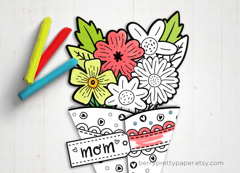 Carte imprimable à colorier pour la fête des mères Carte bouquet pour maman Carte fleurs à colorier activité amusante Salle de classe de travaux manuels pour maman ou grand-mère image 2