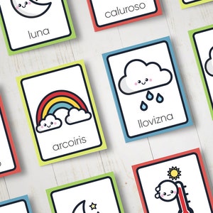 May include: Colorful flashcards with illustrations of weather conditions and the Spanish words for each condition. The words include "luna", "caluroso", "nieve", "granizo", "arcoiris", "llovizna", "viento", and "tormenta".