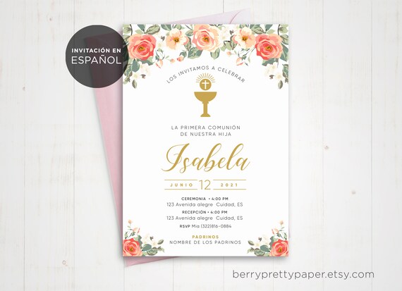 Primera Comunion Nina, Invitacion Comunion Flores Y Caliz, Girl Communion  Spanish Invitations, Invitaciones Digital 