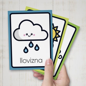 May include: Three illustrated flashcards with a green border. The first card shows a cartoon cloud with raindrops and the word "Ilovizna". The second card shows a cartoon sun. The third card shows a cartoon swirl.