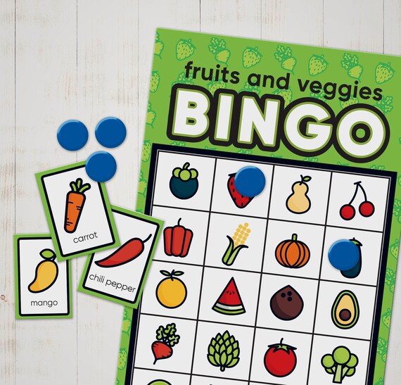 BINGO game of fruit and veggie names for kids - Print, cut and play - Printable and instant download BINGO card game for kids
