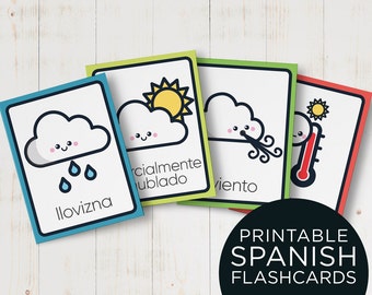 Weather Spanish Flashcards for Kids - Print, Cut and Learn Spanish Flash Cards for preschool -  Instant download Spanish Educational Cards