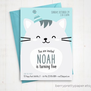 Cat birthday party invitation, Kawaii cat invitation for boy, 3rd birthday cat theme party