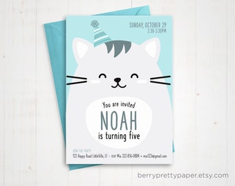 May include: A blue and gray cat birthday party invitation with the text "You are invited NOAH is turning five" and party details.