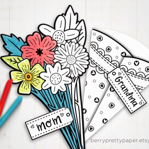 Carte imprimable à colorier pour la fête des mères Carte bouquet pour maman Carte fleurs à colorier activité amusante Salle de classe de travaux manuels pour maman ou grand-mère image 1