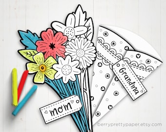 Printable Mothers day coloring card - Bouquet card for Mom - Fun activity coloring flowers card - Craft classroom for mom or grandma
