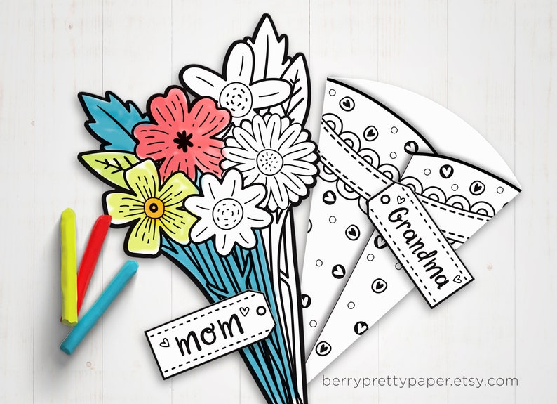 Carte imprimable à colorier pour la fête des mères Carte bouquet pour maman Carte fleurs à colorier activité amusante Salle de classe de travaux manuels pour maman ou grand-mère image 1