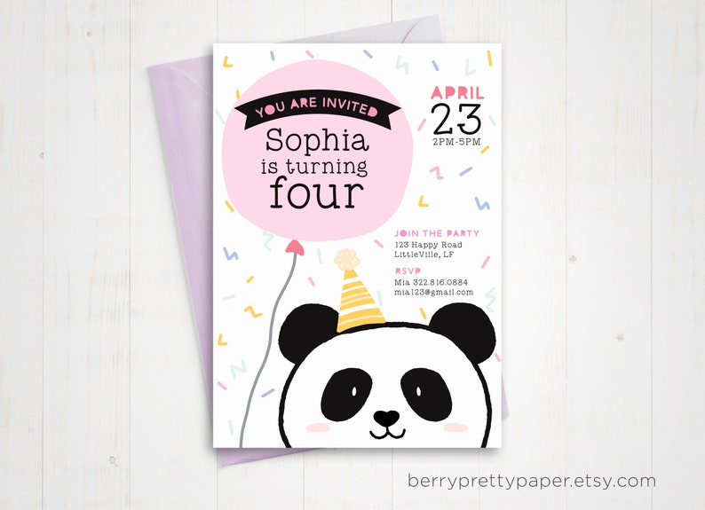 Panda Invitation, Panda Birthday Party Invitation Girl, Panda Printable