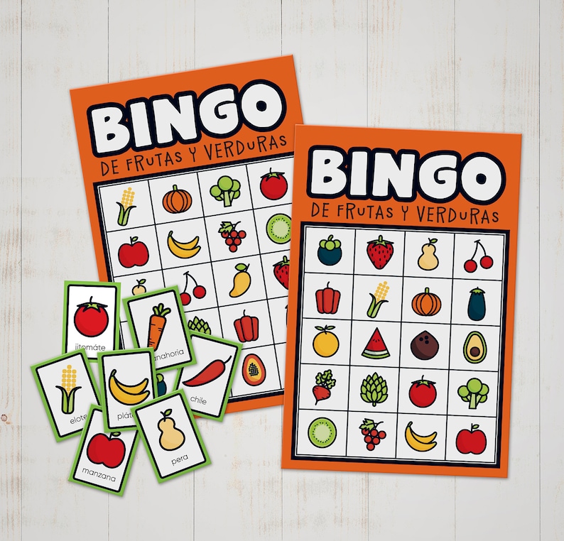 May include: Two orange bingo cards with the text "Bingo de frutas y verduras" (Bingo of fruits and vegetables) and a set of 10 green cards with pictures of fruits and vegetables and their Spanish names.