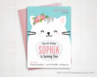 May include: A light blue invitation with a white cat with a pink flower crown. The text reads "You are invited Sophia is turning five".