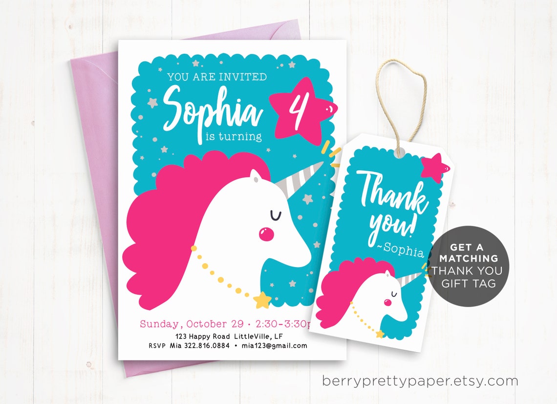 Unicorn Invitations Pink Unicorn Invitation Download Pink Etsy