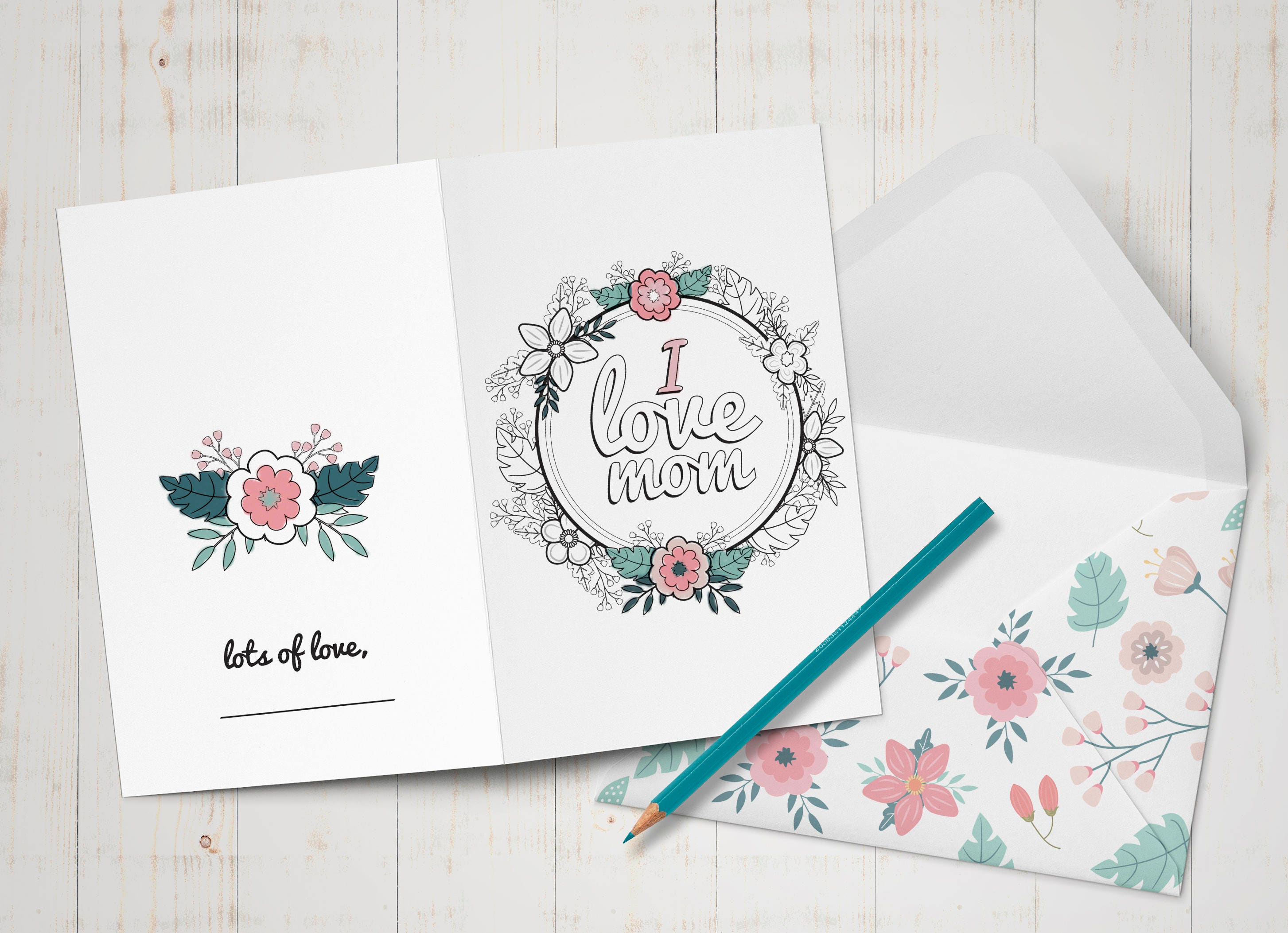Printable Mothers Day Card, I Love Mom Printable DIY Coloring Card ...