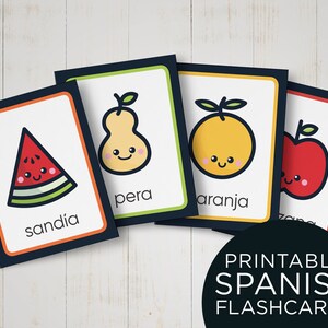 Spanish fruit flash cards for kids, Learn Spanish flashcards, Printable Spanish educational cards, Spanish word cards of fruits