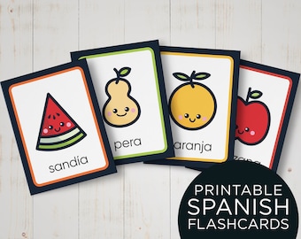 May include: Printable Spanish flashcards featuring colorful illustrations of fruits with their Spanish names: sandía (watermelon), pera (pear), naranja (orange), and manzana (apple).