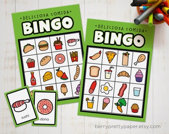 Bingo in Spanish for kids food version - Bingo game to learn Spanish - Printable Spanish card game for kids - Educational game preschool
