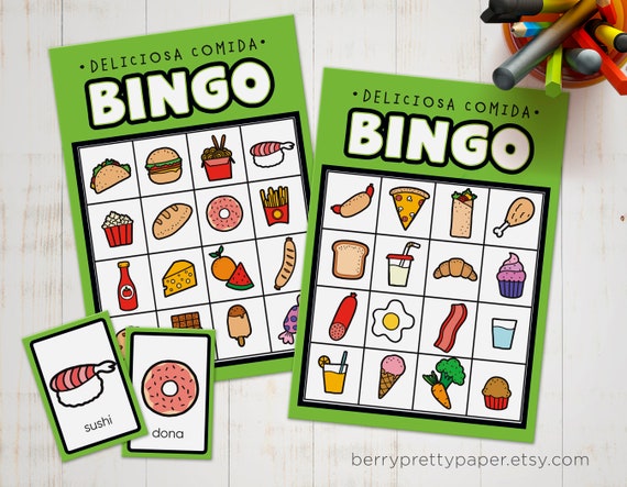 Bingo in Spanish for kids food version - Bingo game to learn Spanish - Printable Spanish card game for kids - Educational game preschool