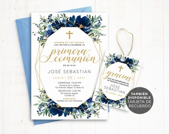 May include: A white invitation with a gold geometric frame and blue watercolor floral design. The text reads "Primera Comunión de su hijo José Sebastian" with the date "Junio 25, 2021". The invitation includes details for the ceremony and reception. A matching thank you tag with the same design and text "Gracias por acompañarme en mi Primera Comunión José Sebastian 25 Junio 2021" is also included.