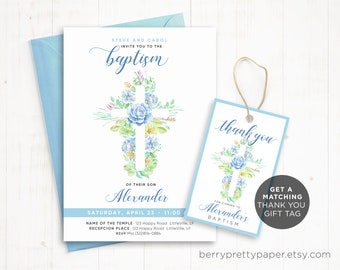 May include: Blue and green watercolor floral cross baptism invitation with a matching thank you tag. The invitation says "Steve and Carol invite you to the baptism of their son Alexander, Saturday, April 23, 11:00. Name of the Temple 123 Happy Road LittleVille, LF. Reception Place 123 Happy Road LittleVille, LF. RSVP (322)3816-0884". The thank you tag says "Thank you for coming to Alexander's Baptism".