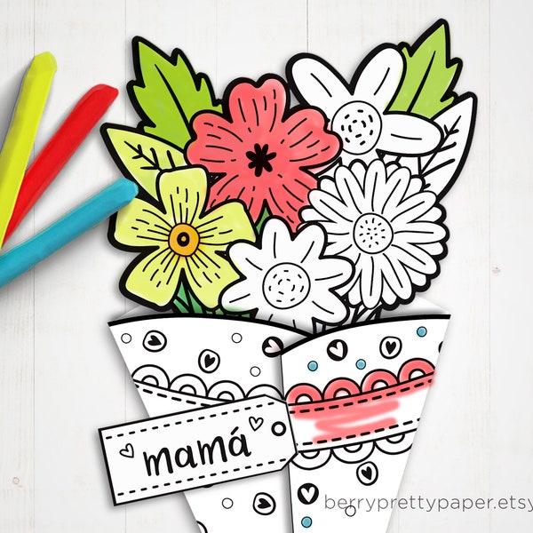 Carte Dia de las Madres imprimable, carte de fleurs de fête des mères espagnoles, carte de bouquet de coloriage pour maman, artisanat de classe pour maman ou abuelita