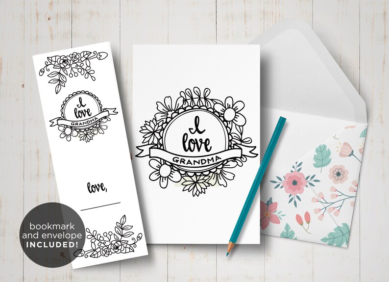 May include: A printable card and bookmark set with a floral design and the text "I love Grandma". The set includes a card, bookmark, and envelope.