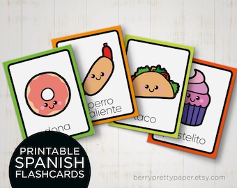 Spanish Food Flashcards for Kids - Learn Spanish Flash Cards for preschool - Printable Spanish Educational Cards of food - Montessori cards
