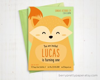 May include: A green and orange invitation card with a cartoon fox illustration. The text on the card reads "SUNDAY, OCTOBER 29 2:30-3:30PM You are invited LUCAS is turning one JOIN THE PARTY 123 Happy Road Little Ville, LF RSVP Mia 322-816-0884 mia123@gmail.com berryprettypaper.etsy.com"