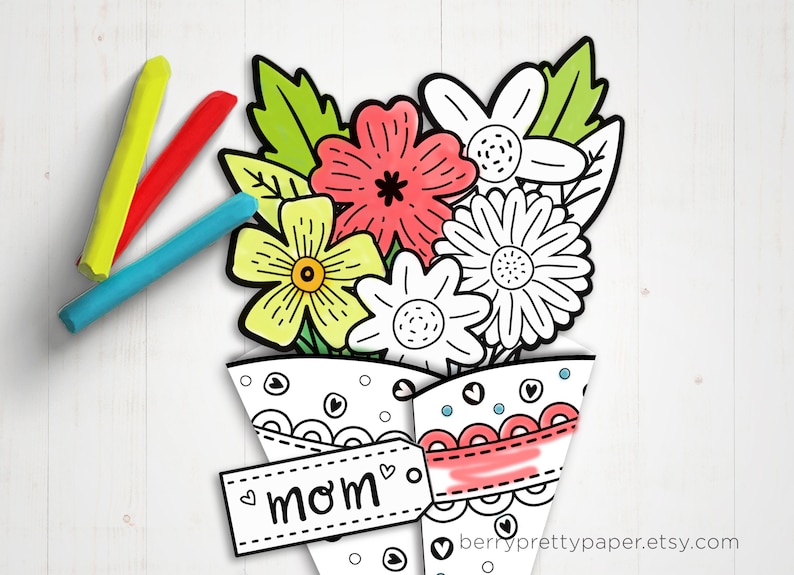 Mothers day card printable, Mothers day coloring card, craft classroom for mom or grandma, craft for kids coloring flowers card 