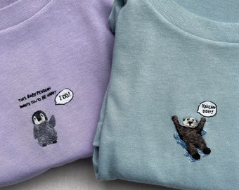 Hand embroidery t-shirt Cute Otter, Sloth and Penguin