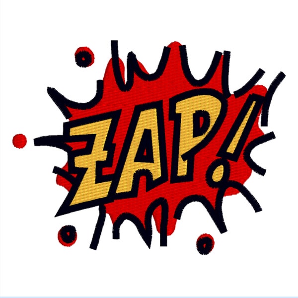 Zap! Comic Book Embroidery, Superhero Embroidery, Stickdatei Comic, Word Zap Embroidery, Comic Burst Explosion Embroidery